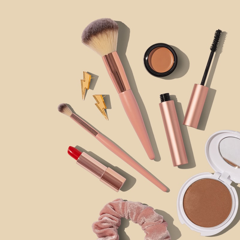 A beauty creator's flatlay of products
