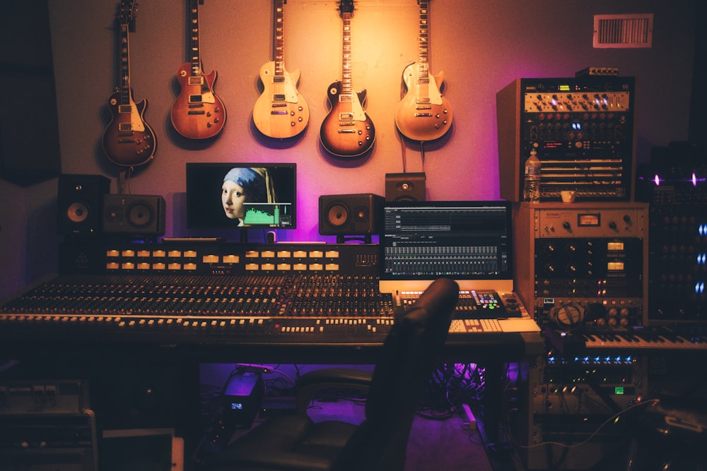 A home music studio glowing purple